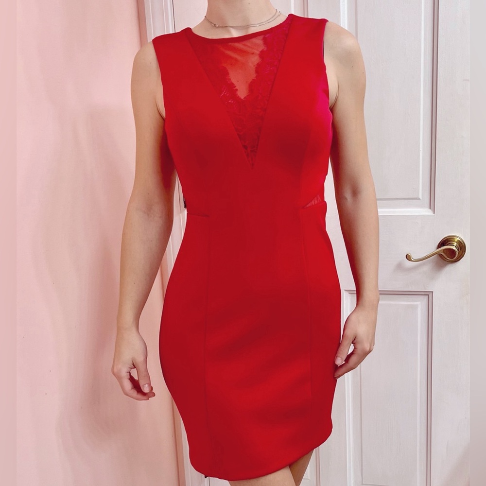 Guess Red Cocktail Mini Dress Mesh V neck Backless size 4